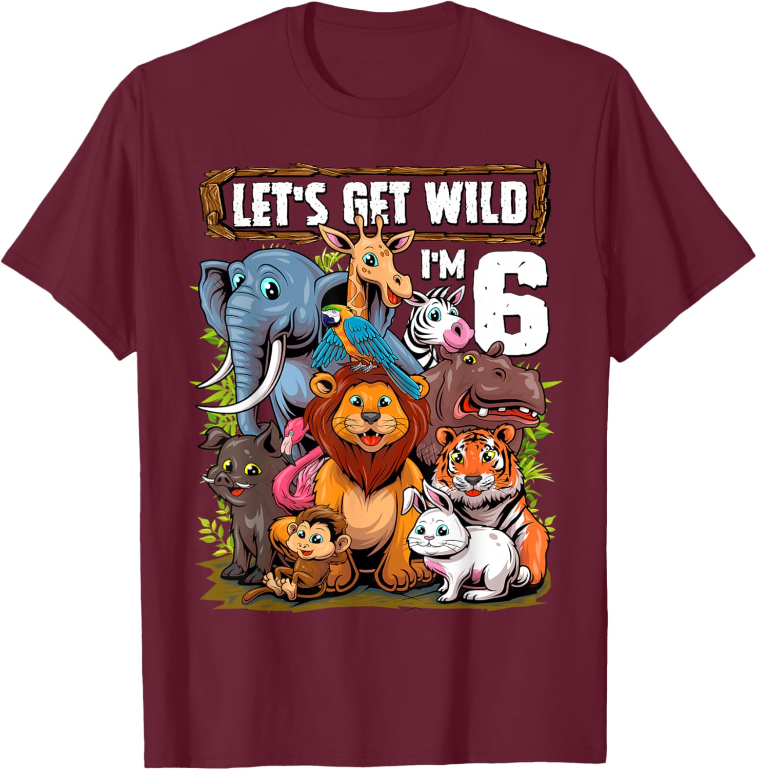 6 Year Old Zoo Birthday Safari Jungle Animals 6th Birthday T-Shirt - T-Shirt | Maroon
