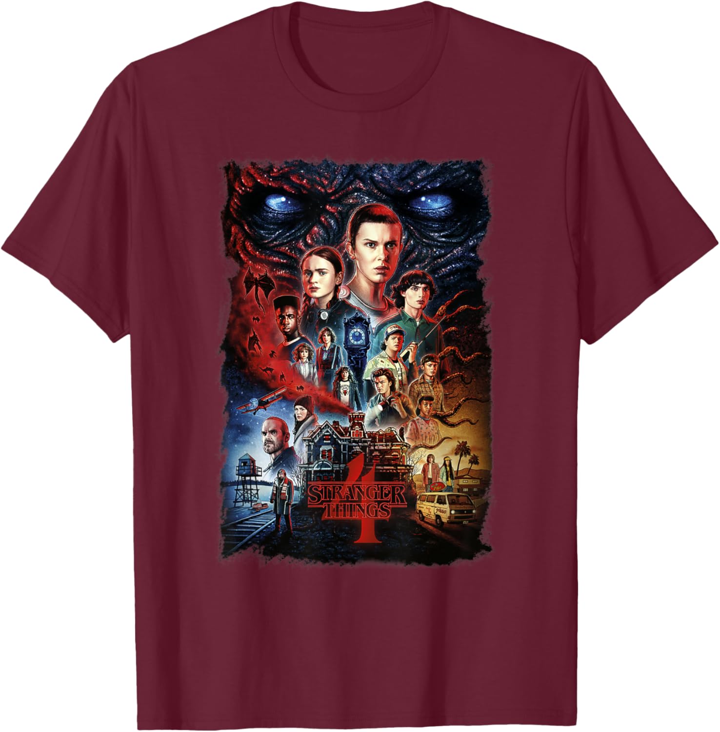 Stranger Things 4 Full Cast Poster T-Shirt - T-Shirt | Maroon