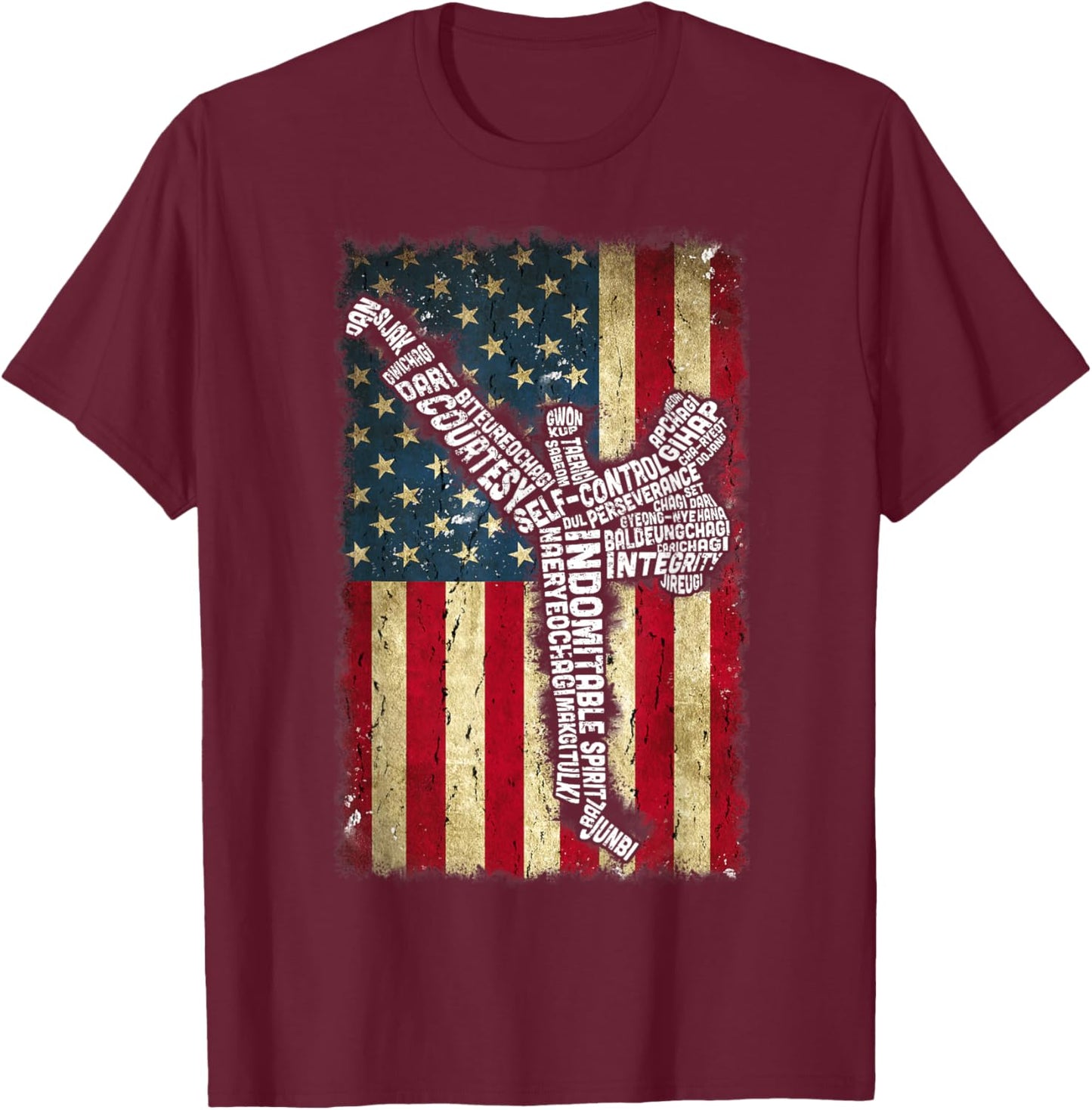 USA Flag Taekwondo Fighter 5 Tenets Of TKD Typography T-Shirt - T-Shirt | Maroon