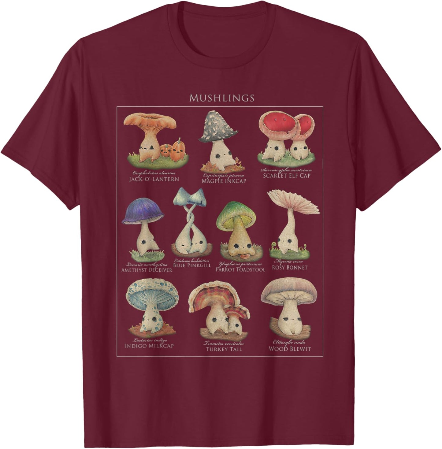 Mushling Identification 2nd Edition Botanical Mushroom Small T-Shirt - T-Shirt | Maroon