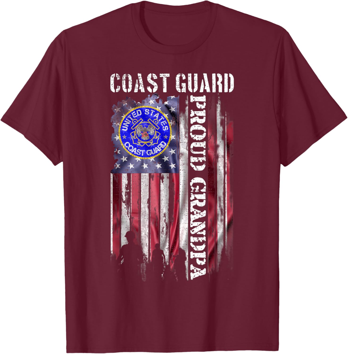 Vintage USA American Flag US Coast Guard Proud Grandpa Funny T-Shirt - T-Shirt | Maroon