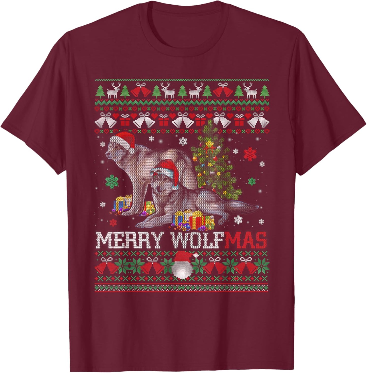 Merry Wolfmas Merry Christmas Wolf Ugly Sweater T-Shirt - T-Shirt | Maroon