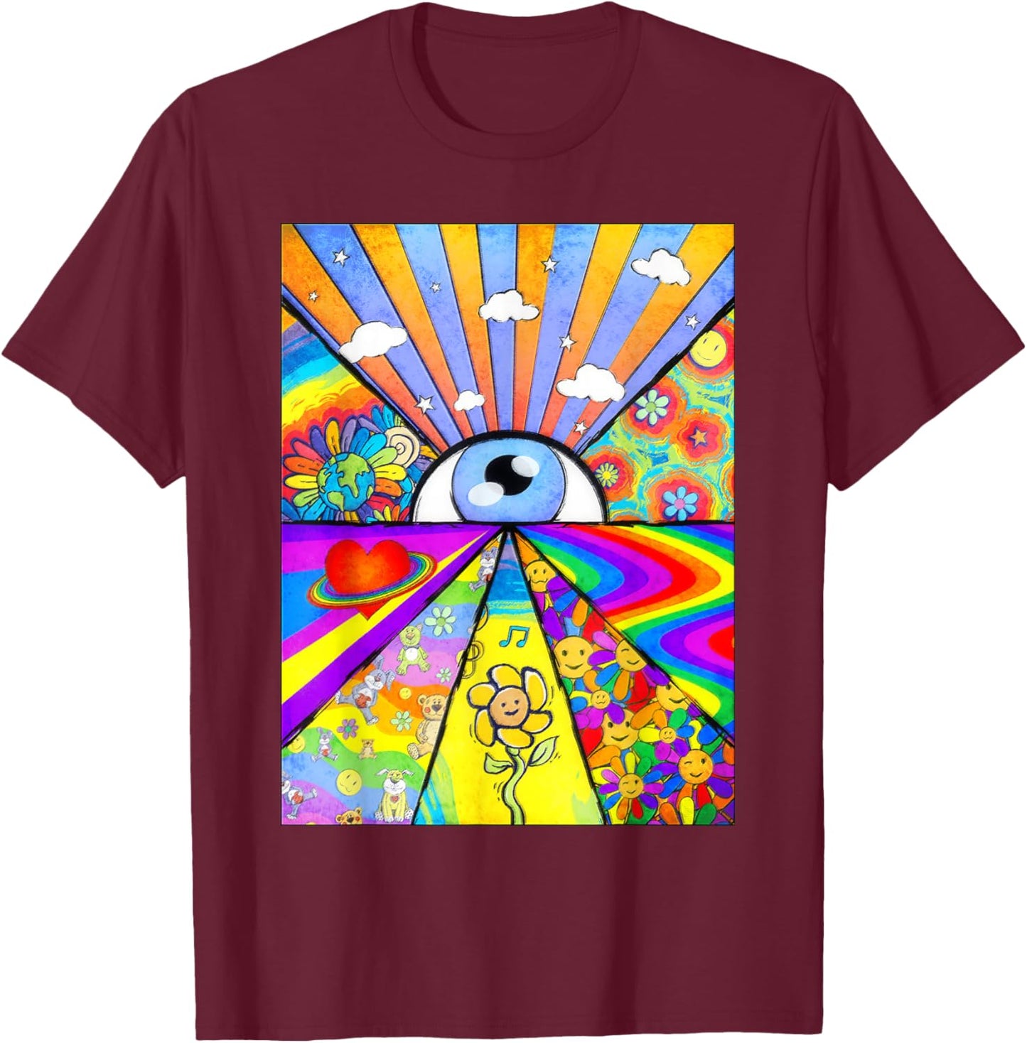 Kidcore Aesthetic Eyes Flower Rainbows Retro 80s 90s T-Shirt - T-Shirt | Maroon