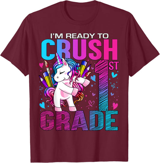 Ready to Crush First 1st Grade Back To School Unicorn Kids T-Shirt - T-Shirt | Maroon