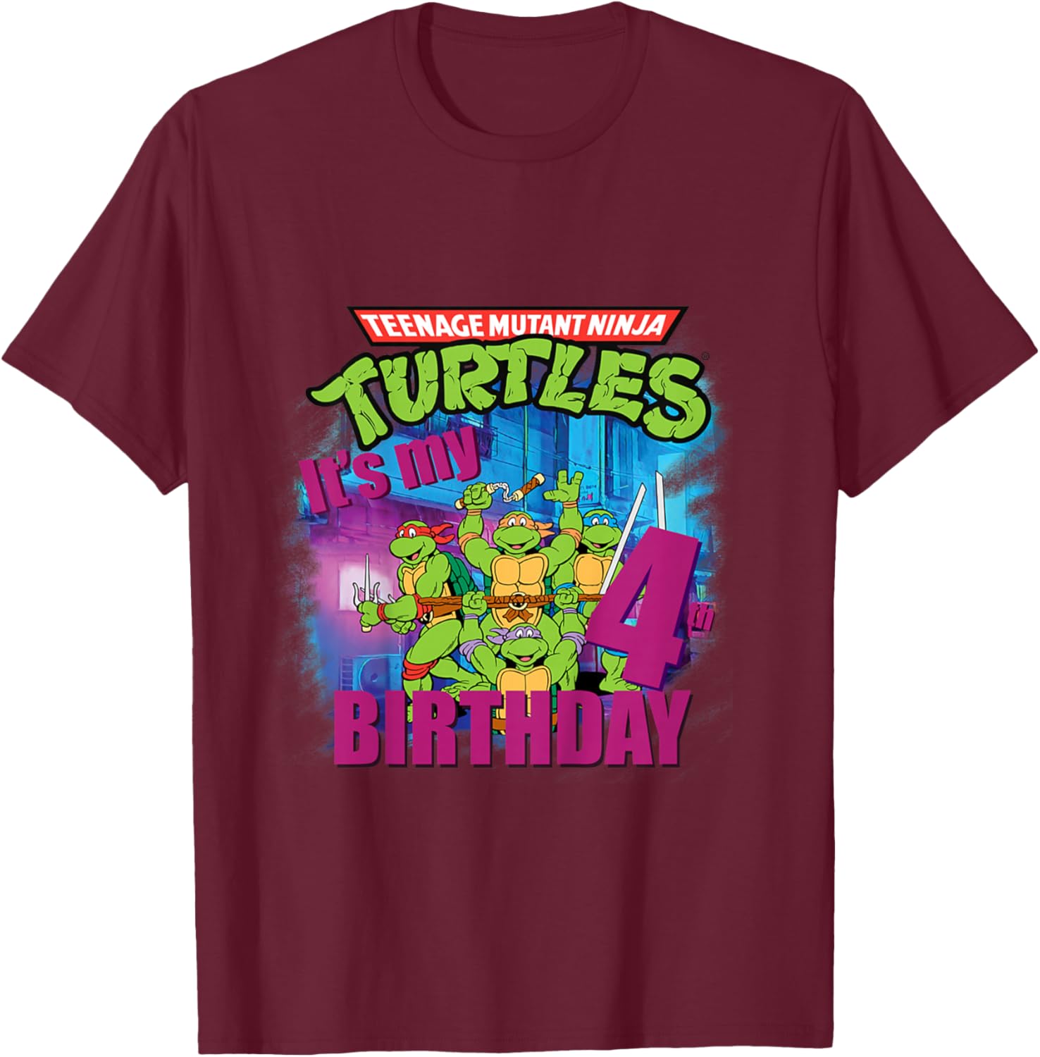 Mademark x Teenage Mutant Ninja Turtles - Kids Original Teenage Mutant Ninja Turtles Fourth Birthday 4th T-Shirt - T-Shirt | Maroon