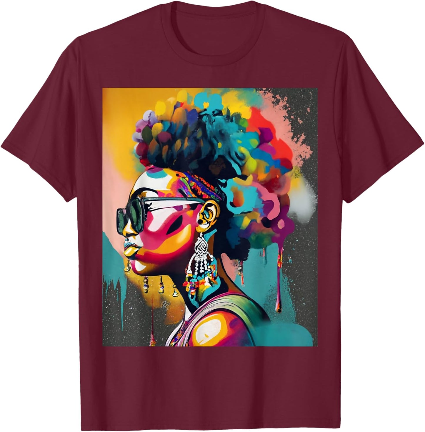 Colorful Art Black Queen Afro Melanin Dripping Juneteenth T-Shirt - T-Shirt | Maroon