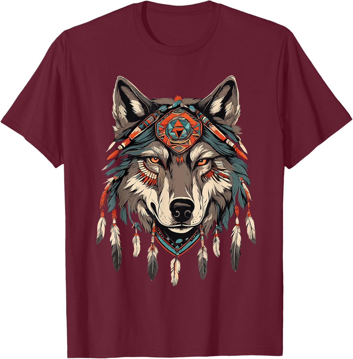 Native American Wolf Artwork T-Shirt - T-Shirt | Maroon