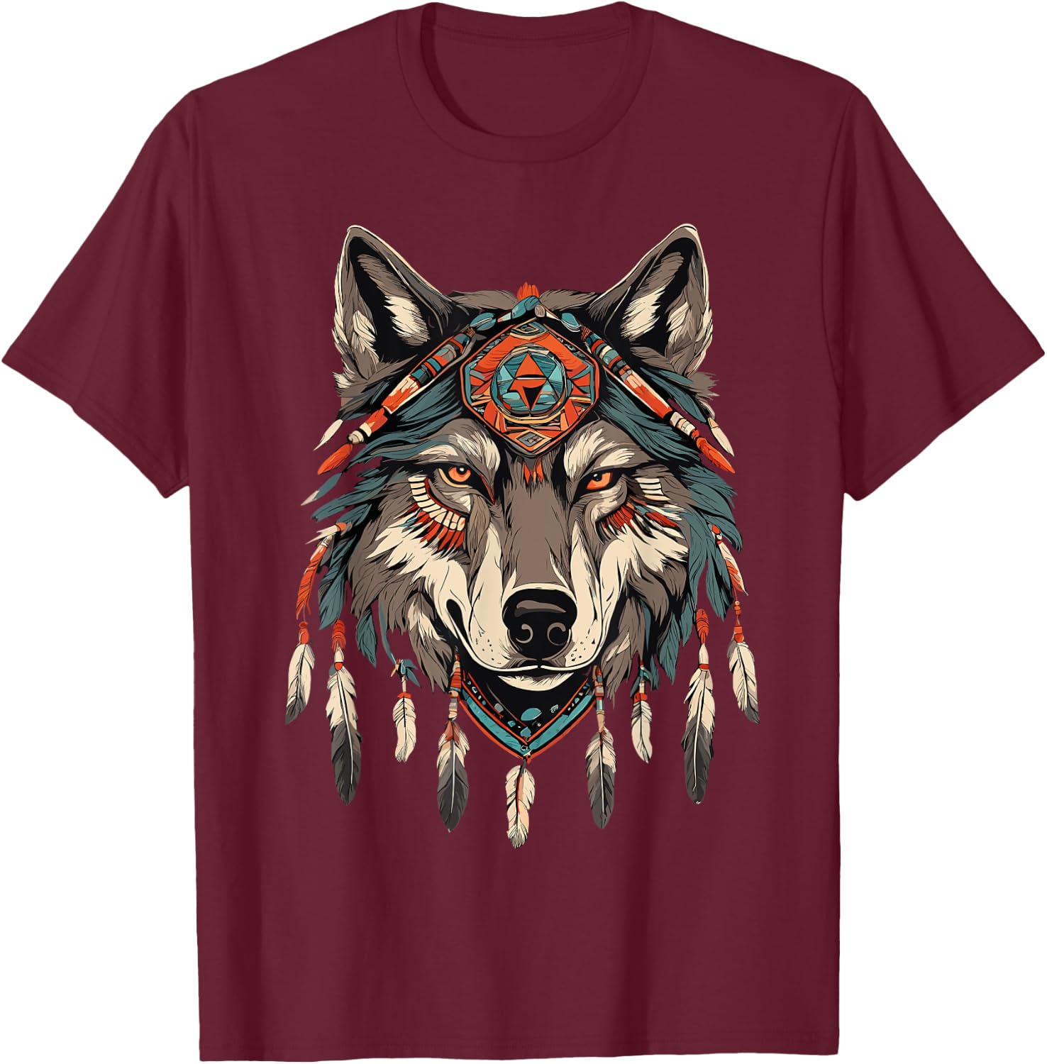 Native American Wolf Artwork T-Shirt - T-Shirt | Maroon