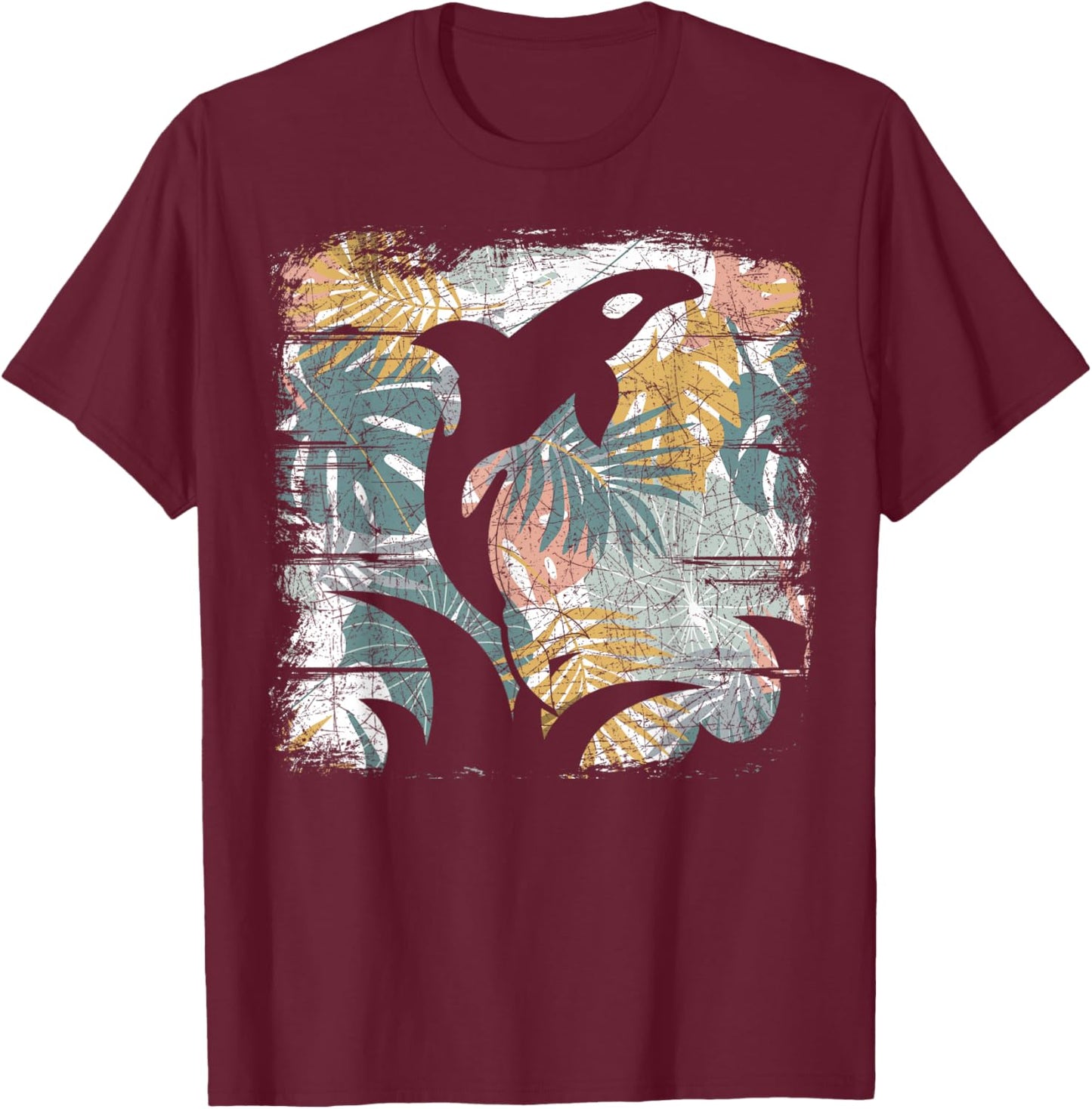 Tropical Nature Pattern Exotic Summer Vacation Whale Orca T-Shirt - T-Shirt | Maroon