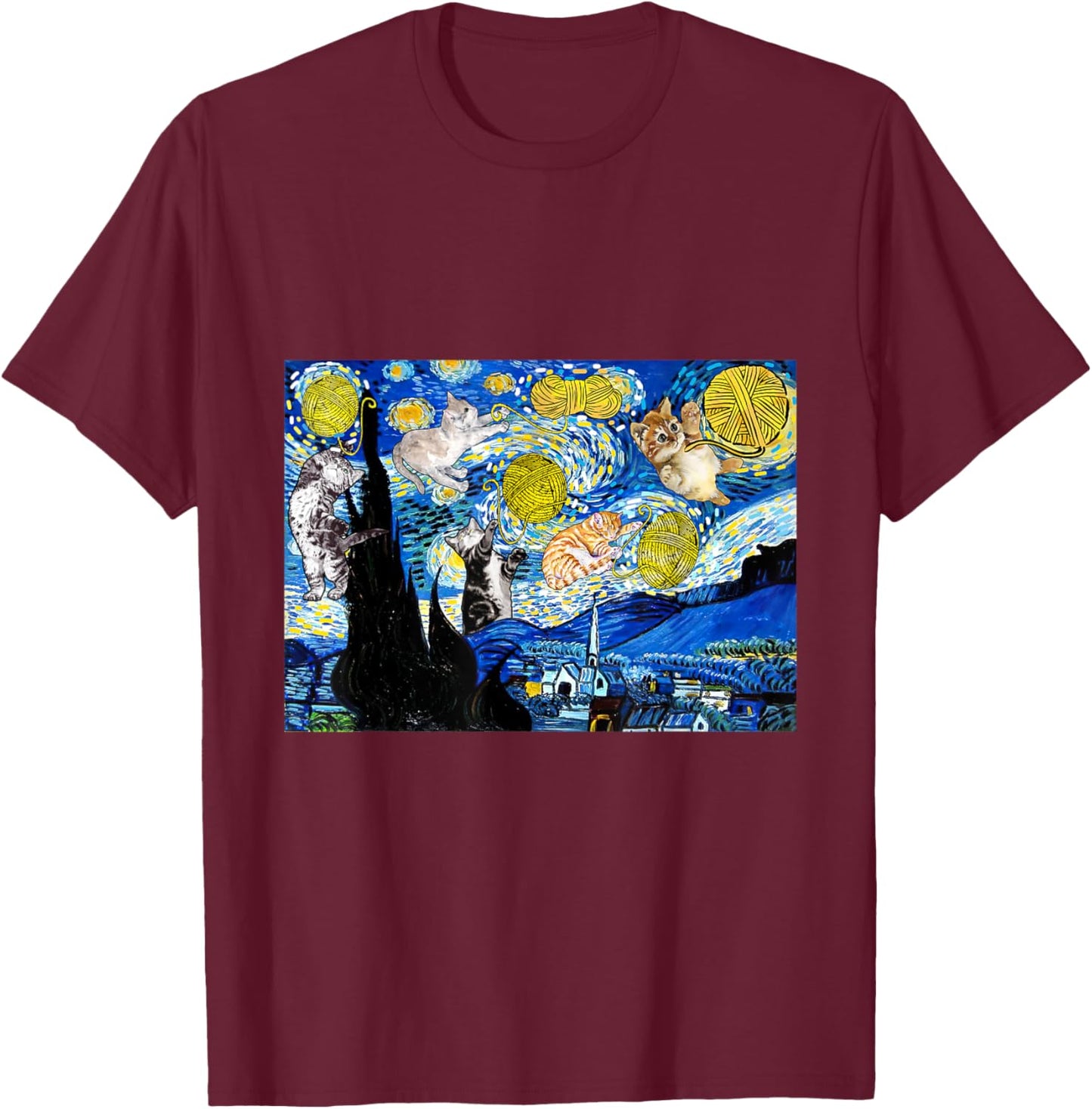 Cat Graphic, Starry Night Cat, Van Gogh Cat, Cat Lover T-Shirt - T-Shirt | Maroon