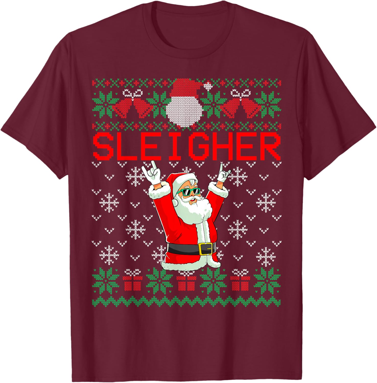 Sleigher Heavy Metal Music Hail Santa Ugly Christmas Sweater T-Shirt - T-Shirt | Maroon