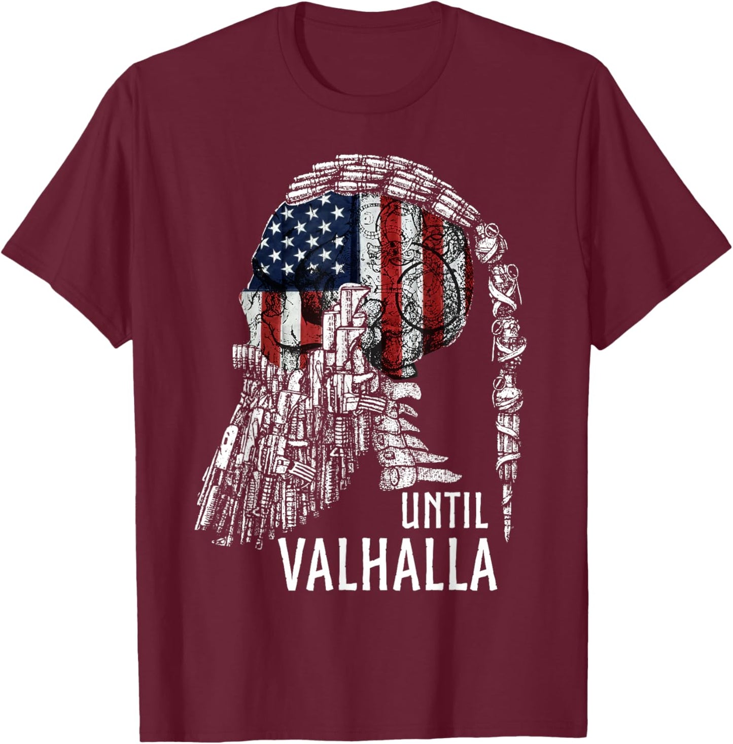 Until Valhalla, Skull American Flag, Viking US Patriot T-Shirt - T-Shirt | Maroon