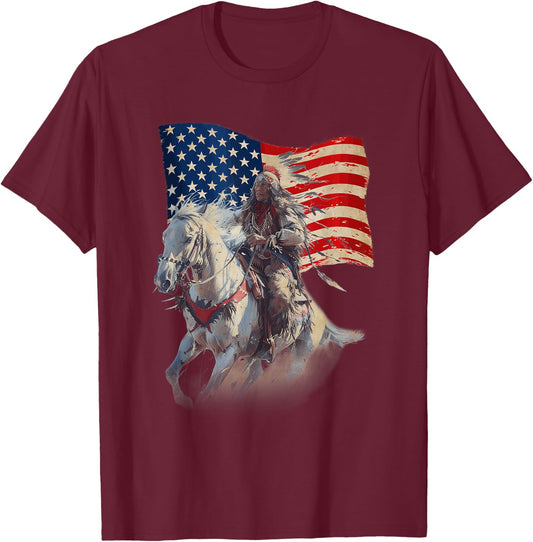 Native American Day Flag Indian Riding Horse 4th of July T-Shirt - T-Shirt | Maroon