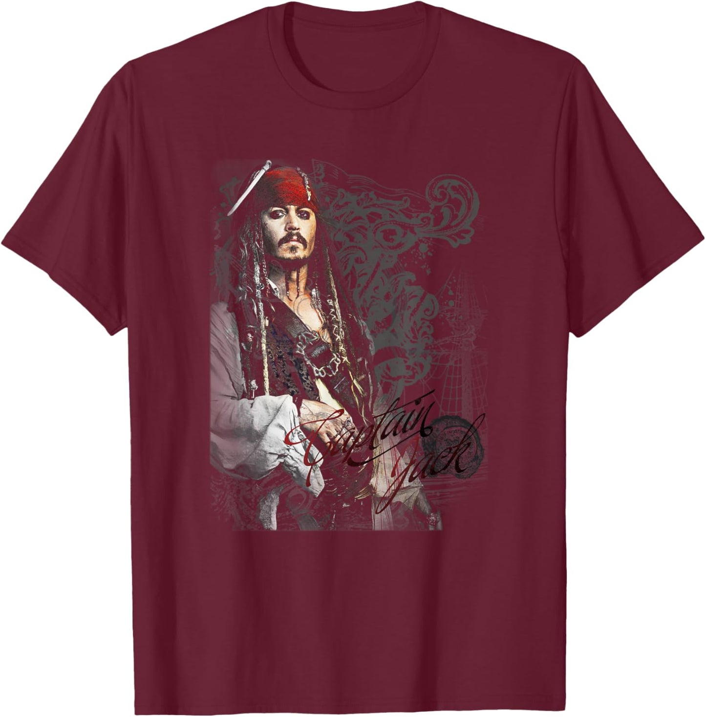 Disney Pirates of The Caribbean Captain Jack Ornate Poster T-Shirt - T-Shirt | Maroon