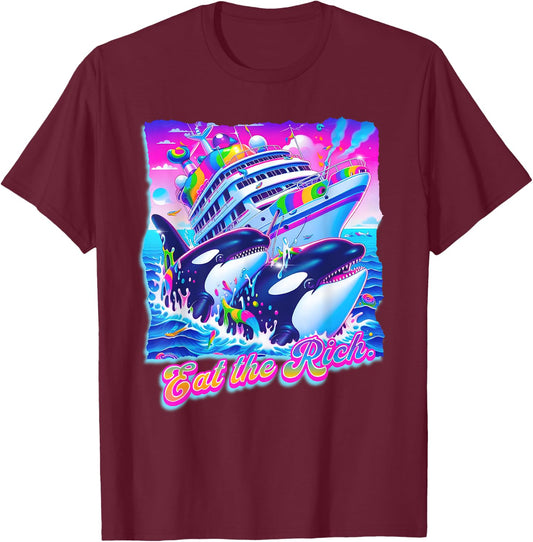 Eat the Rich Whale 90s Orca Funny Whale Animal Yacht Retro T-Shirt - T-Shirt | Maroon