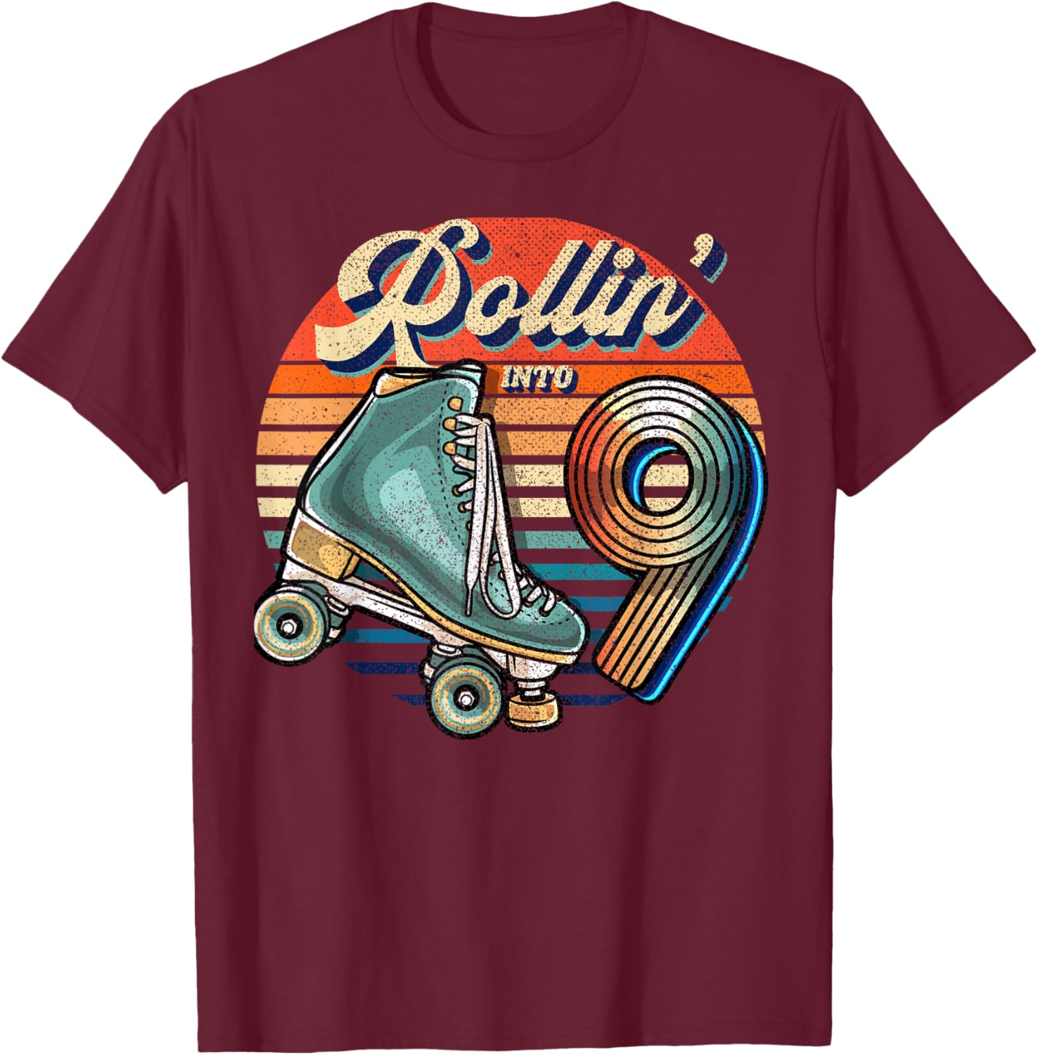 Rollin' into 9 Roller Skating Rink 9th Birthday Party Girls T-Shirt - T-Shirt | Maroon