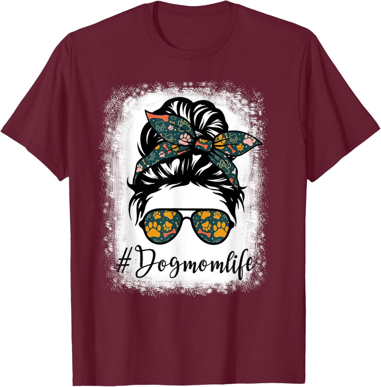 Vintage Women's Dog Mom Life Messy Bun Leopard Print Funny Animal Print - Black - Small T-Shirt - T-Shirt | Maroon