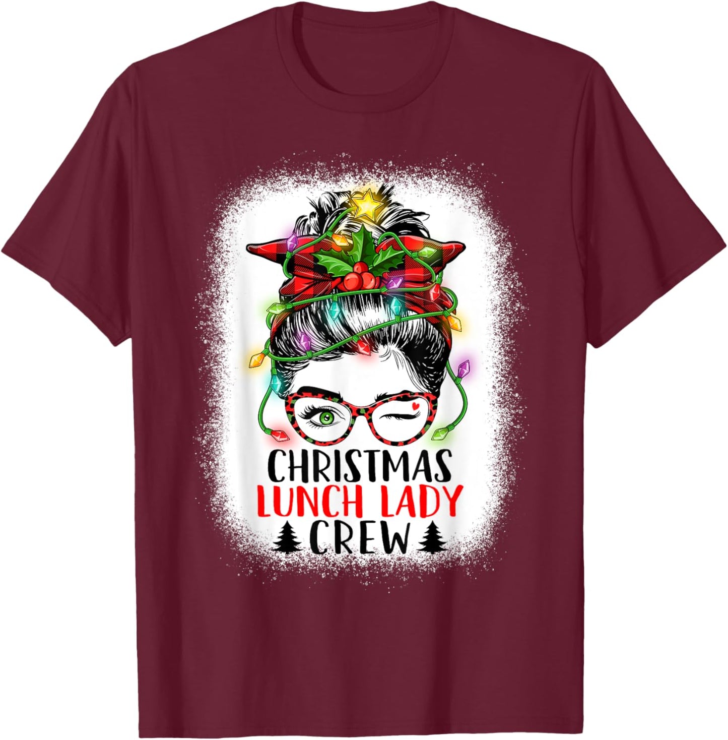 Christmas Lunch Lady Crew Messy Bun Women Christmas Lights T-Shirt - T-Shirt | Maroon