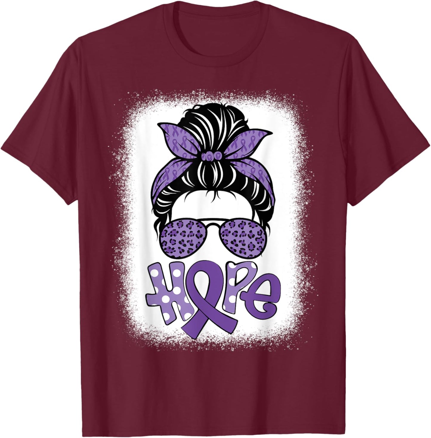 Bleached Hope Messy Bun Leopard Pancreatic Cancer Awareness T-Shirt - T-Shirt | Maroon