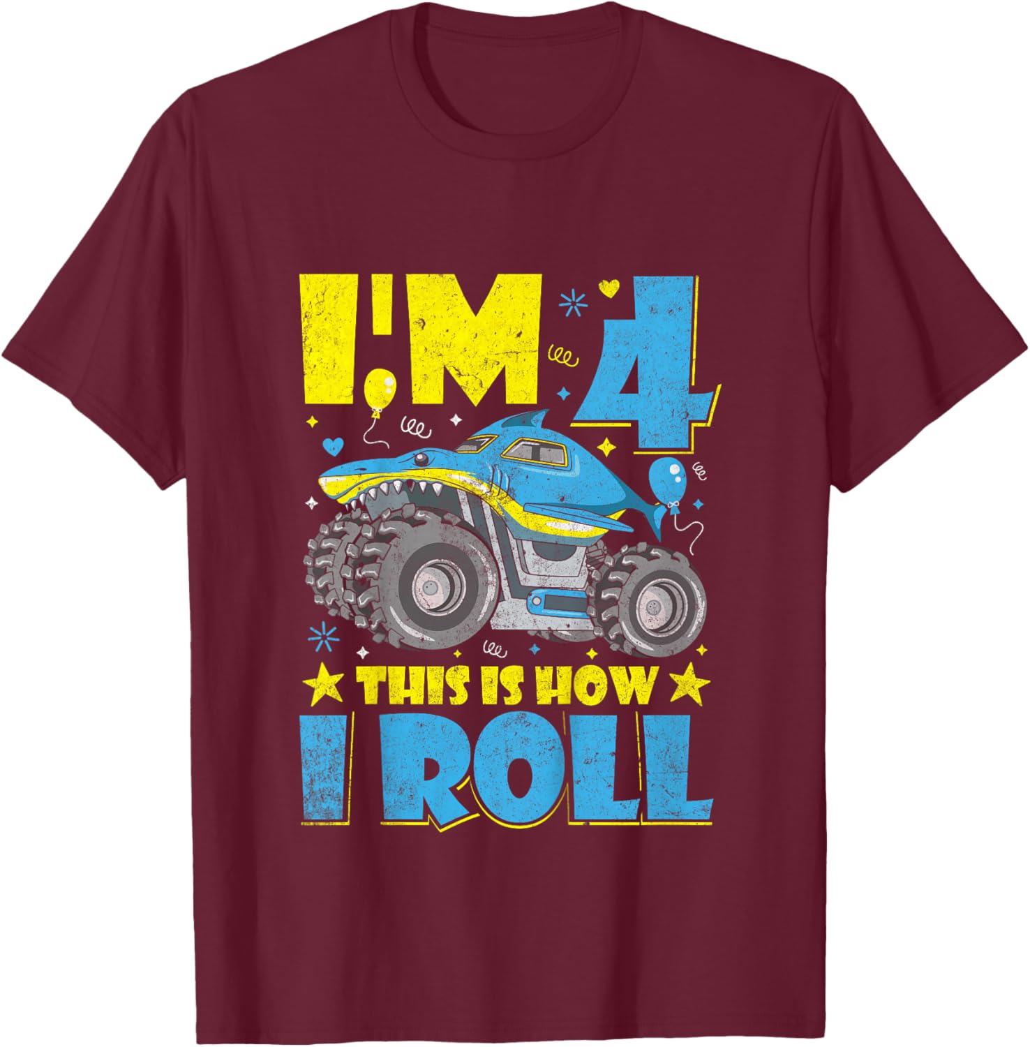Monster Truck Shark 4th Birthday Boys and Girls Novelty T-Shirt - T-Shirt | Maroon