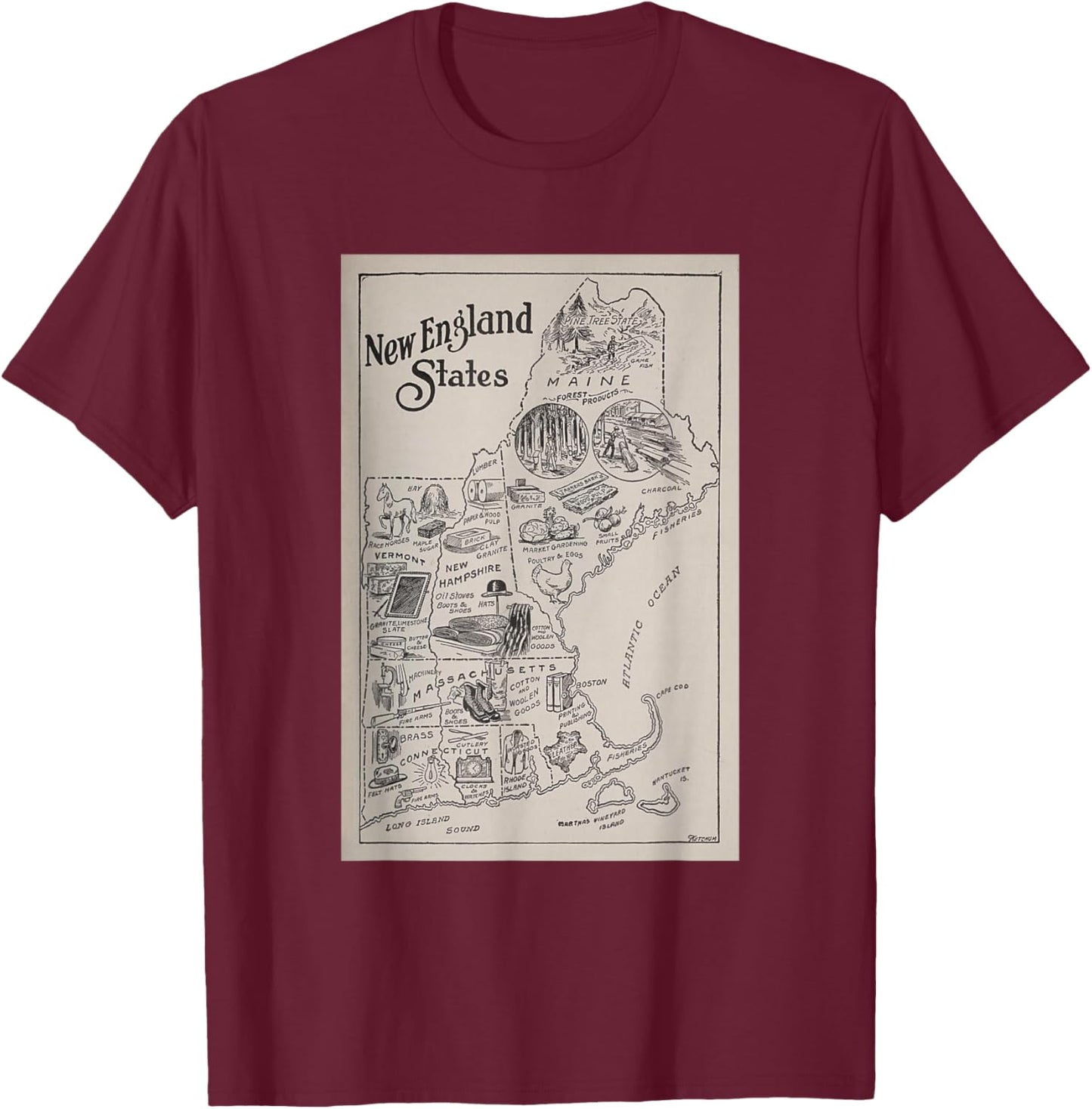 Historic New England Industries and Manufactured Goods Map T-Shirt - T-Shirt | Maroon