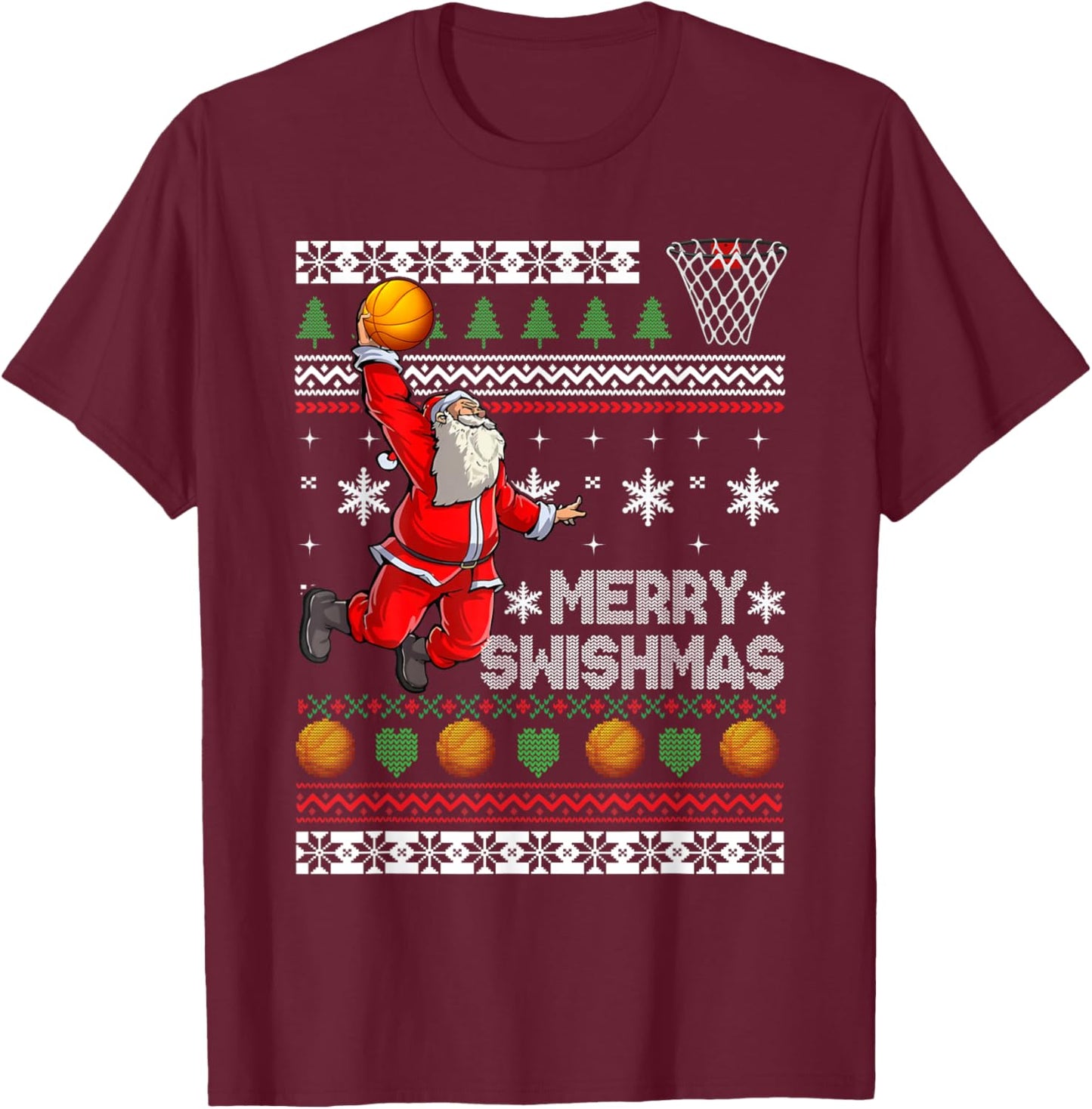 Basketball Ugly Christmas Sweater Xmas Funny Dunking Santa T-Shirt - T-Shirt | Maroon