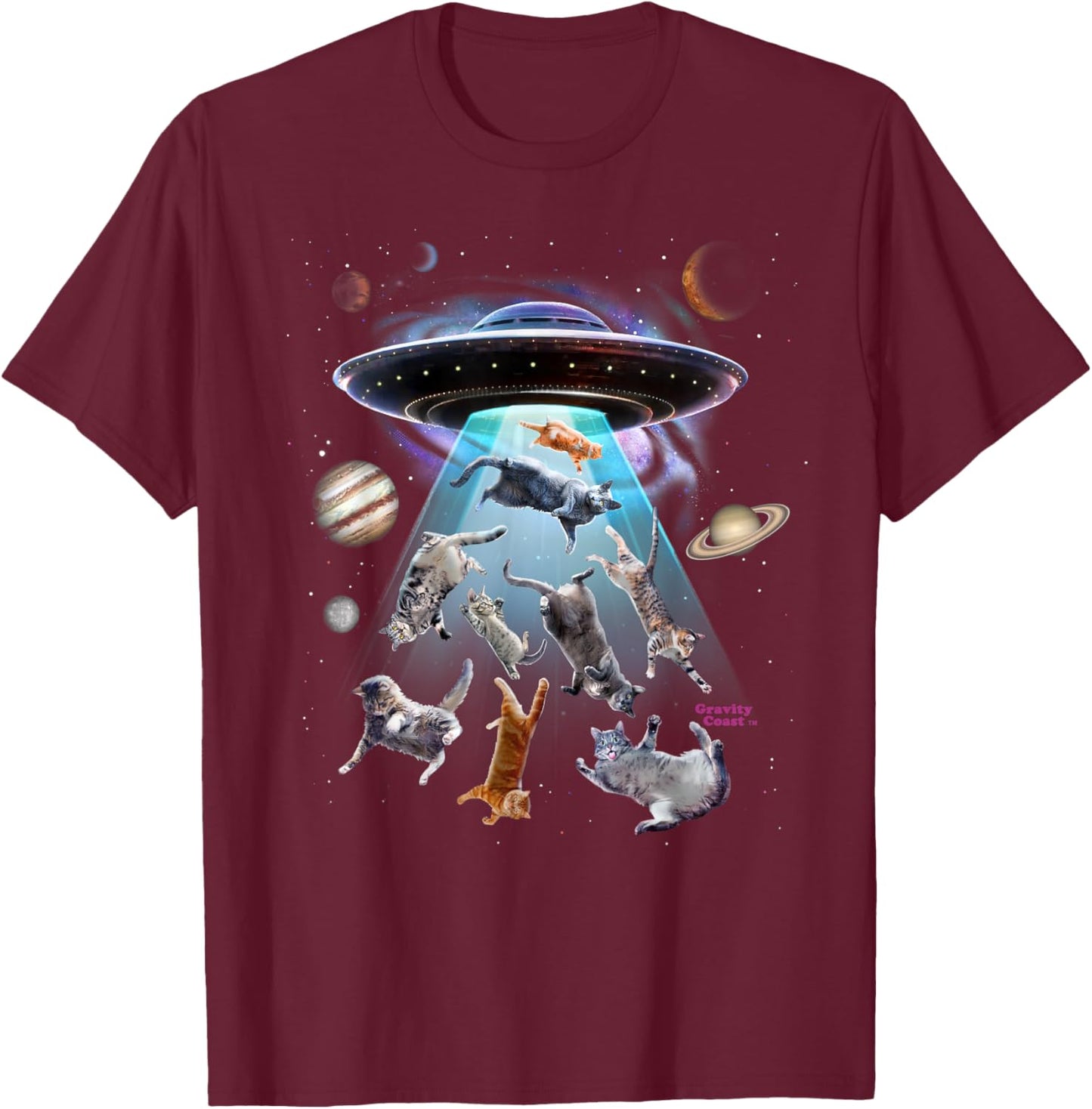 Aliens Abducting Cats Cat Kittens UFO Saucer Cat Lover Gifts T-Shirt - T-Shirt | Maroon