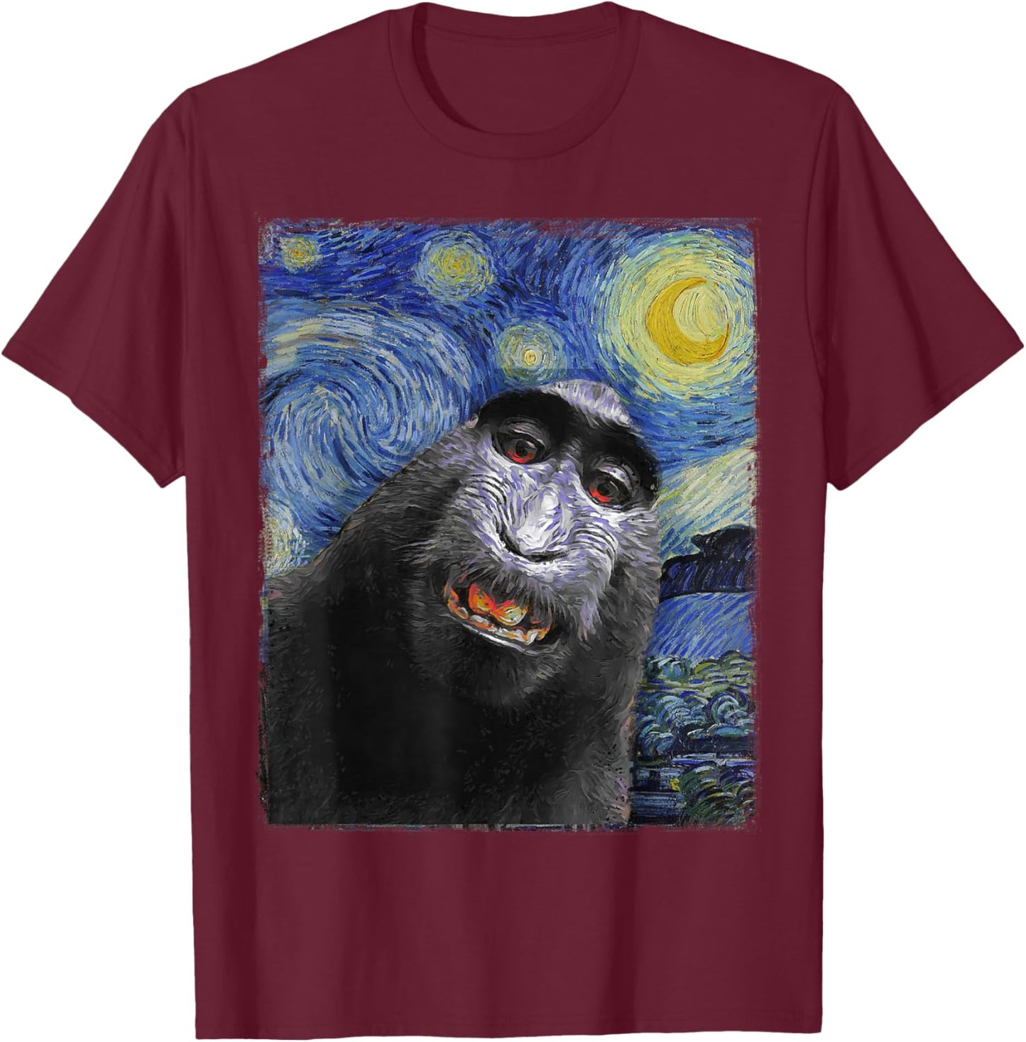 Funny monkey selfie Van Gogh Starry night Funny Art Painting T-Shirt - T-Shirt | Maroon