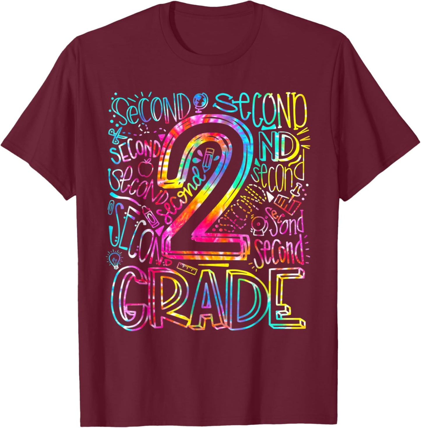 Tie Dye 2nd Grade Typography Team Second Grade Teacher Men Women Kids T-Shirt - T-Shirt | Maroon