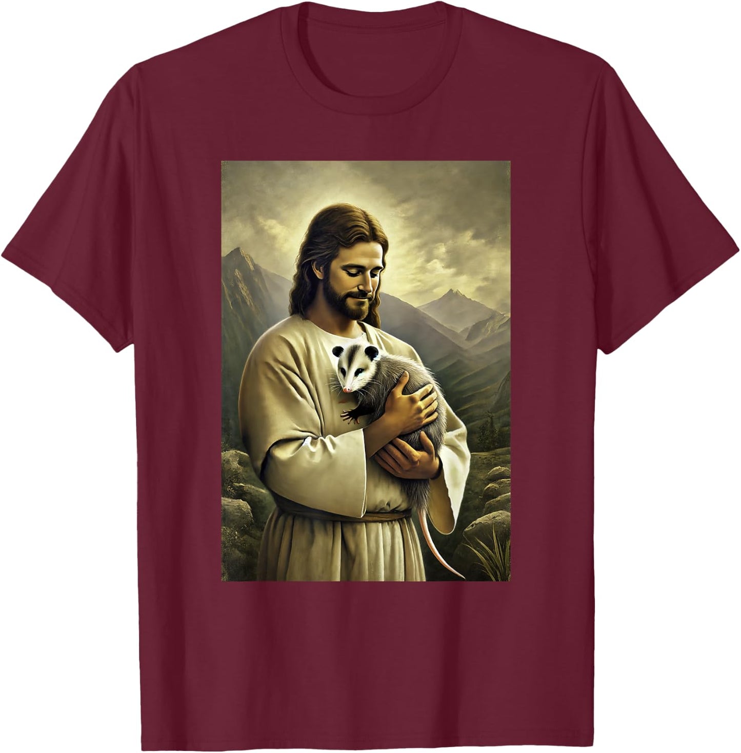 Funny Jesus Holding Opossum In His Arms Hilarious Possum T-Shirt - T-Shirt | Maroon