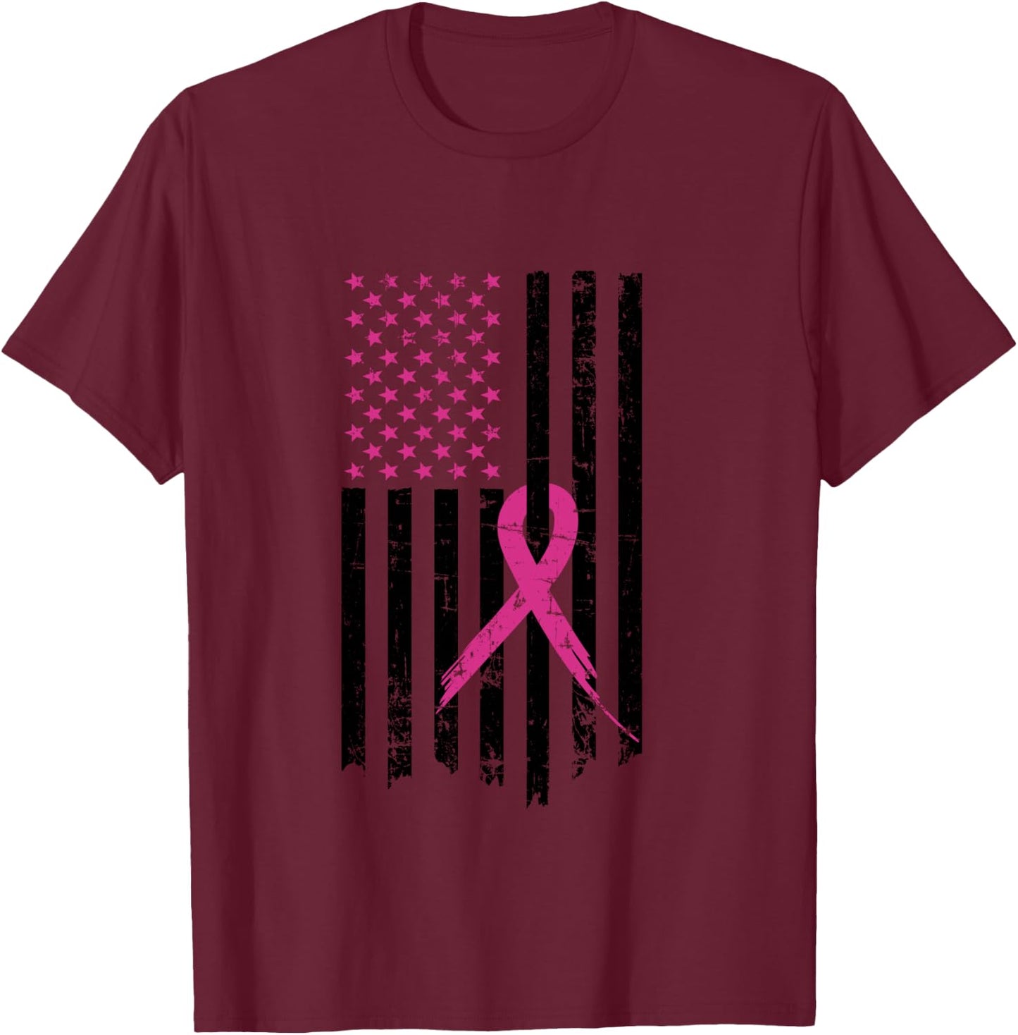 Breast Cancer Awareness Pink Ribbon American Flag T-Shirt - T-Shirt | Maroon