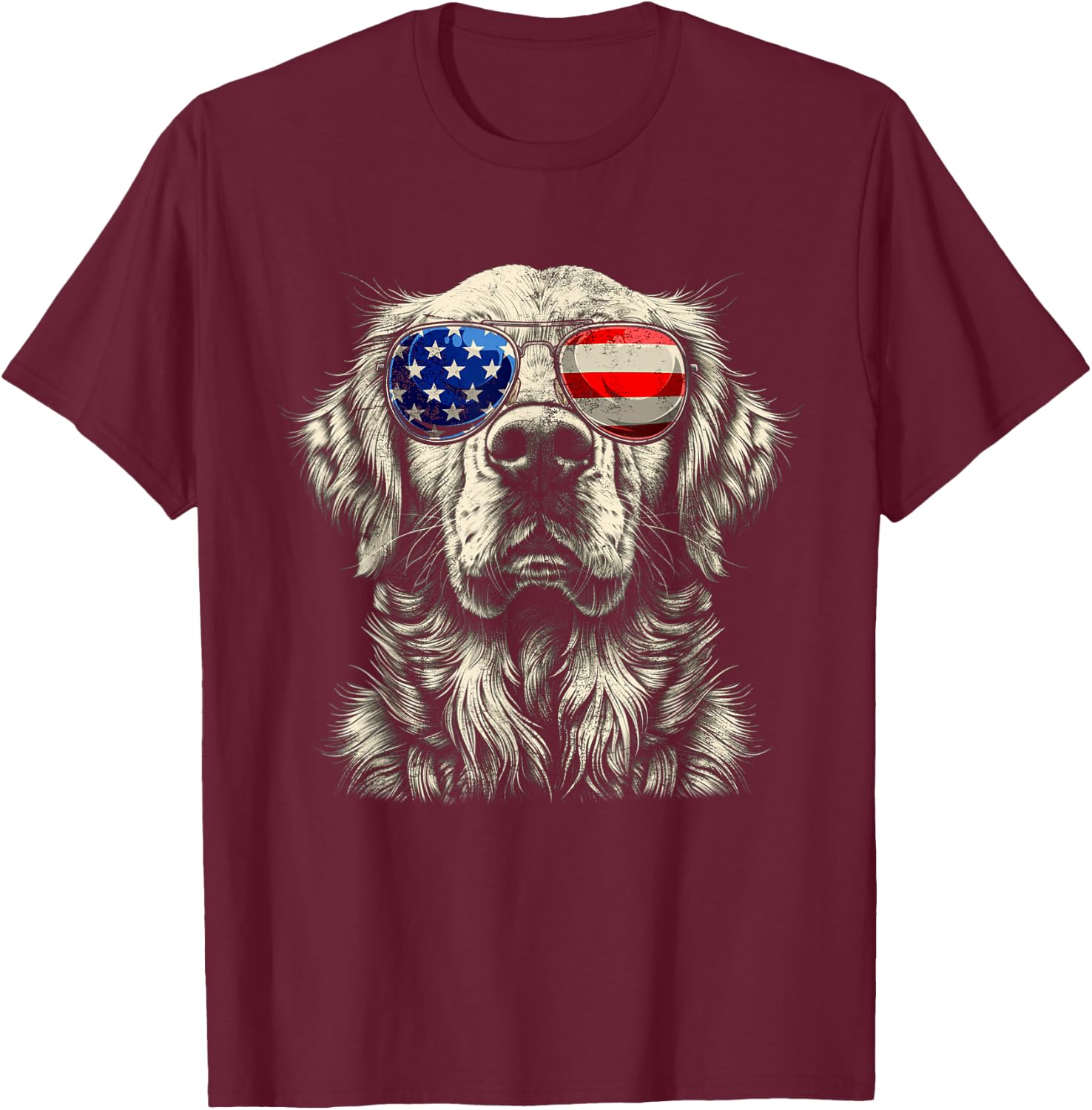 Vintage Art Golden Retrievers Dogs Wearing USA Flag Glasses T-Shirt - T-Shirt | Maroon