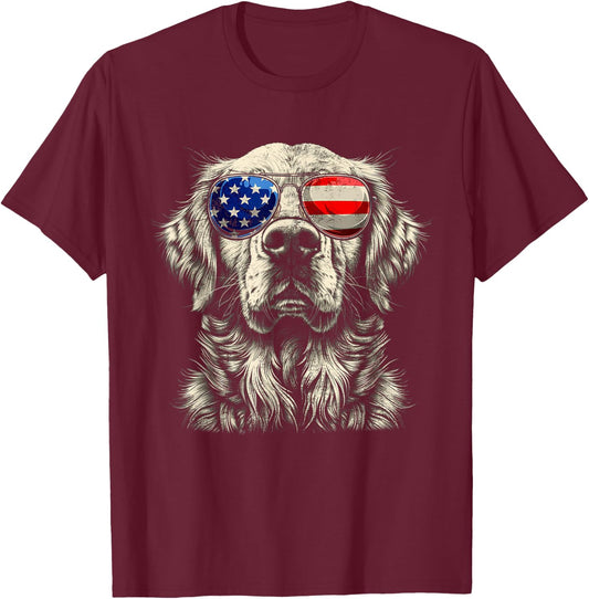 Vintage Art Golden Retrievers Dogs Wearing USA Flag Glasses T-Shirt - T-Shirt | Maroon