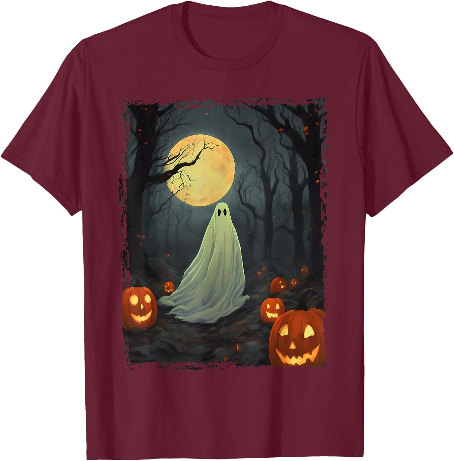 Vintage Ghost in Gothic Forest Full Moon Halloween T-Shirt - T-Shirt | Maroon