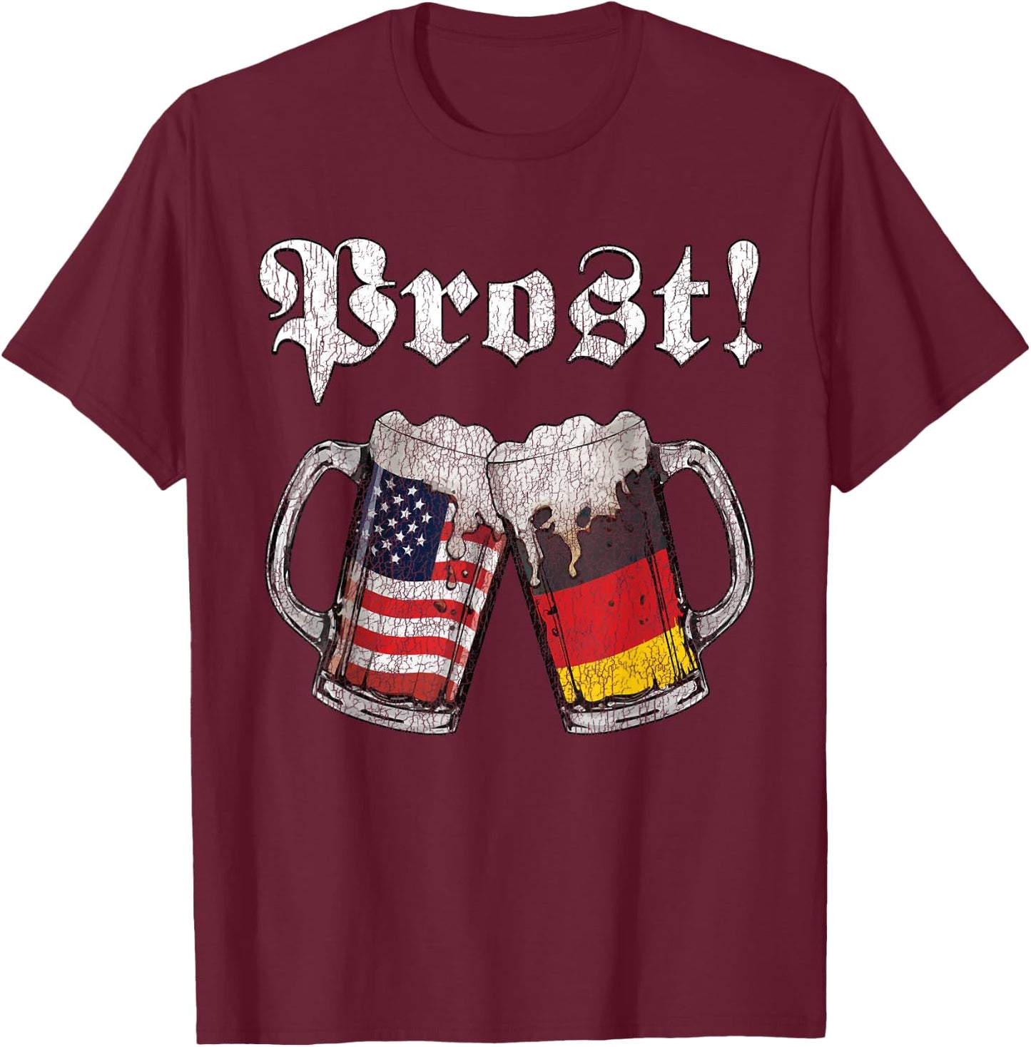 Funny Oktoberfest Prost Beer Retro German-American Flags T-Shirt - T-Shirt | Maroon