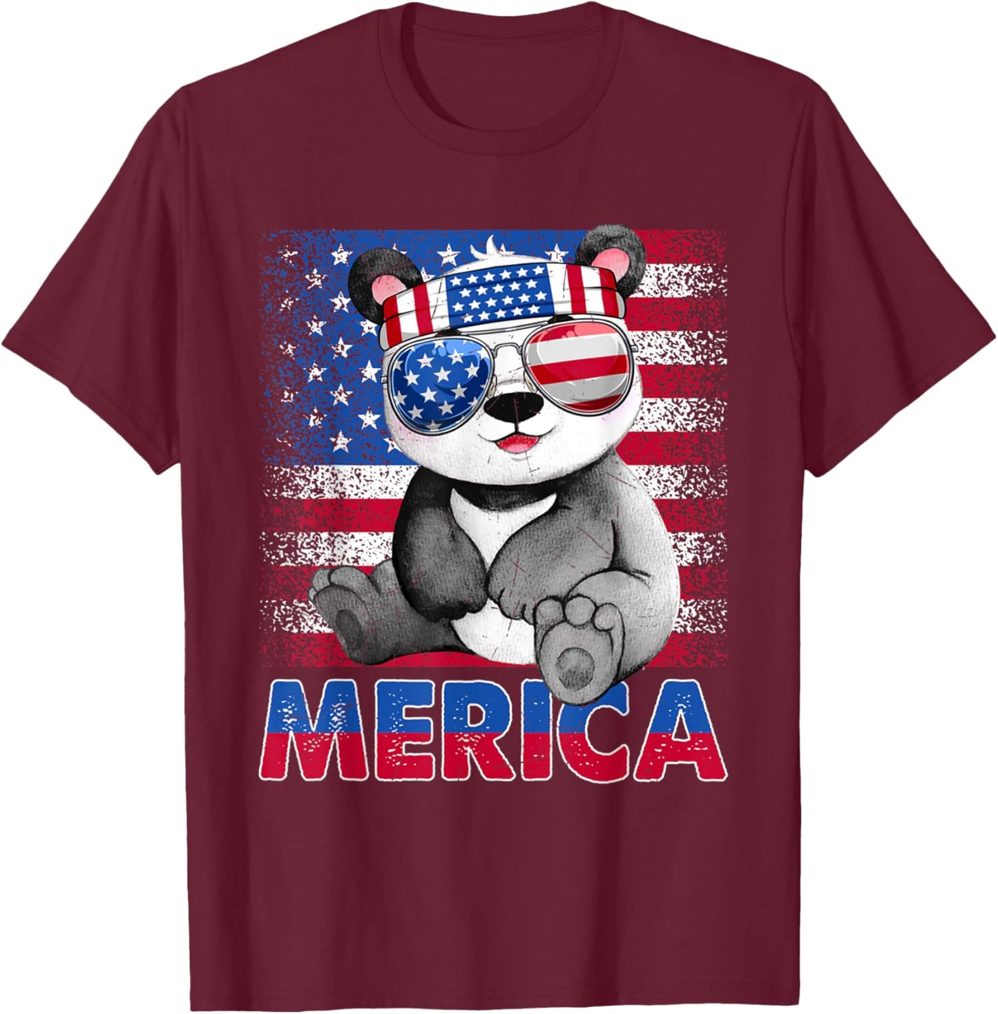 Funny Merica Panda Bear With USA Flag Headband 4th Of July T-Shirt - T-Shirt | Maroon