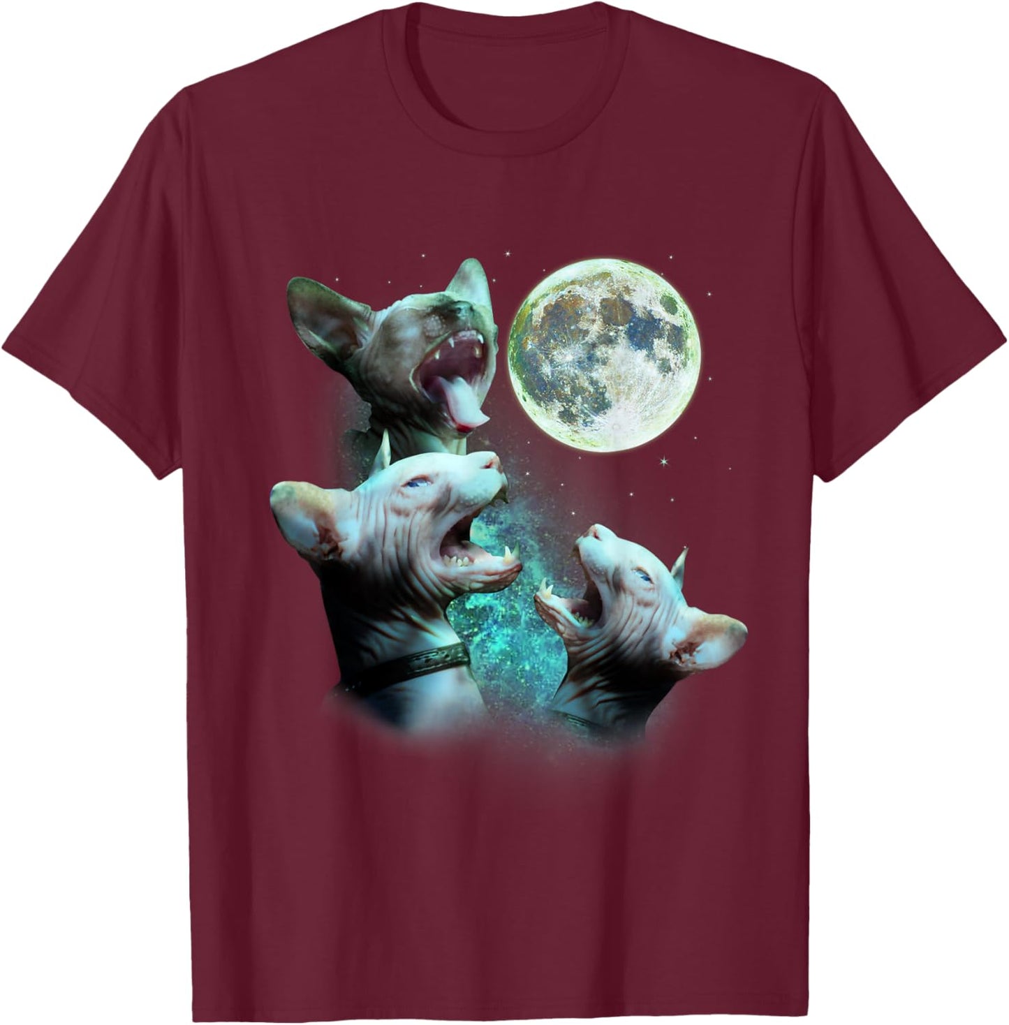 Three Hairless Sphynx Cats Howl At Moon 3 Wolfs Funny Parody T-Shirt - T-Shirt | Maroon
