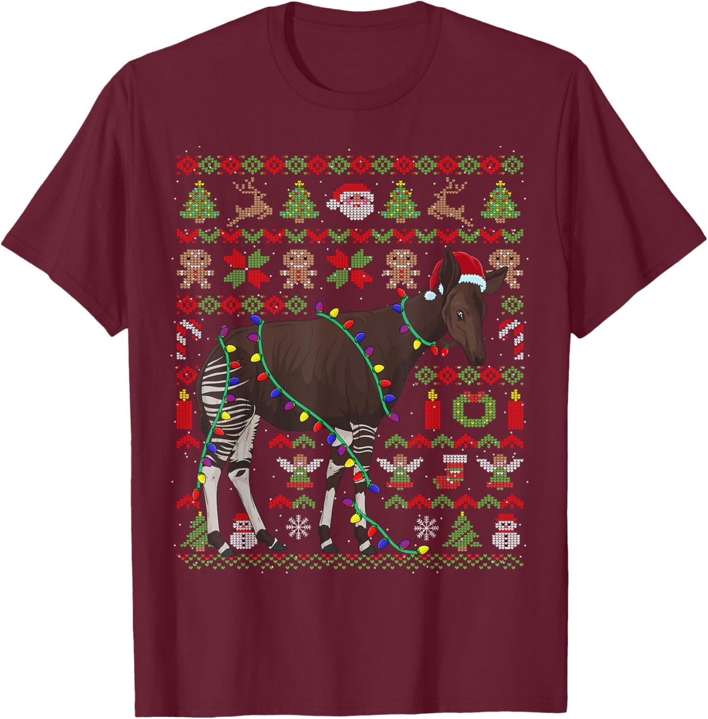 Ugly Christmas Okapi Forest Giraffe T-Shirt - T-Shirt | Maroon