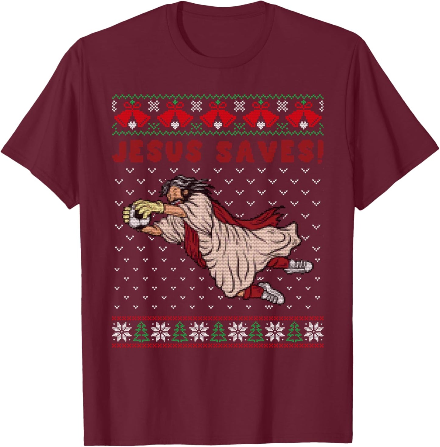 Jesus Saves Football Goalkeeper Goal Ugly Christmas Sweater T-Shirt - T-Shirt | Maroon