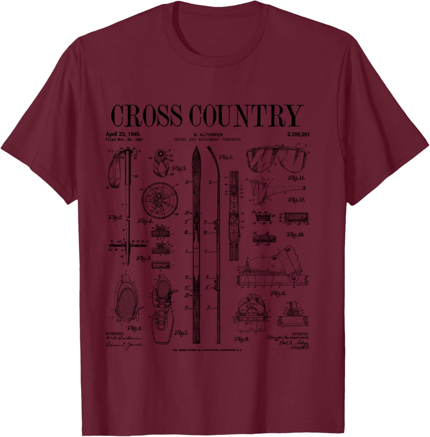 Cross Country Nordic Skiing Ski Vintage Patent Skier Print T-Shirt - T-Shirt | Maroon