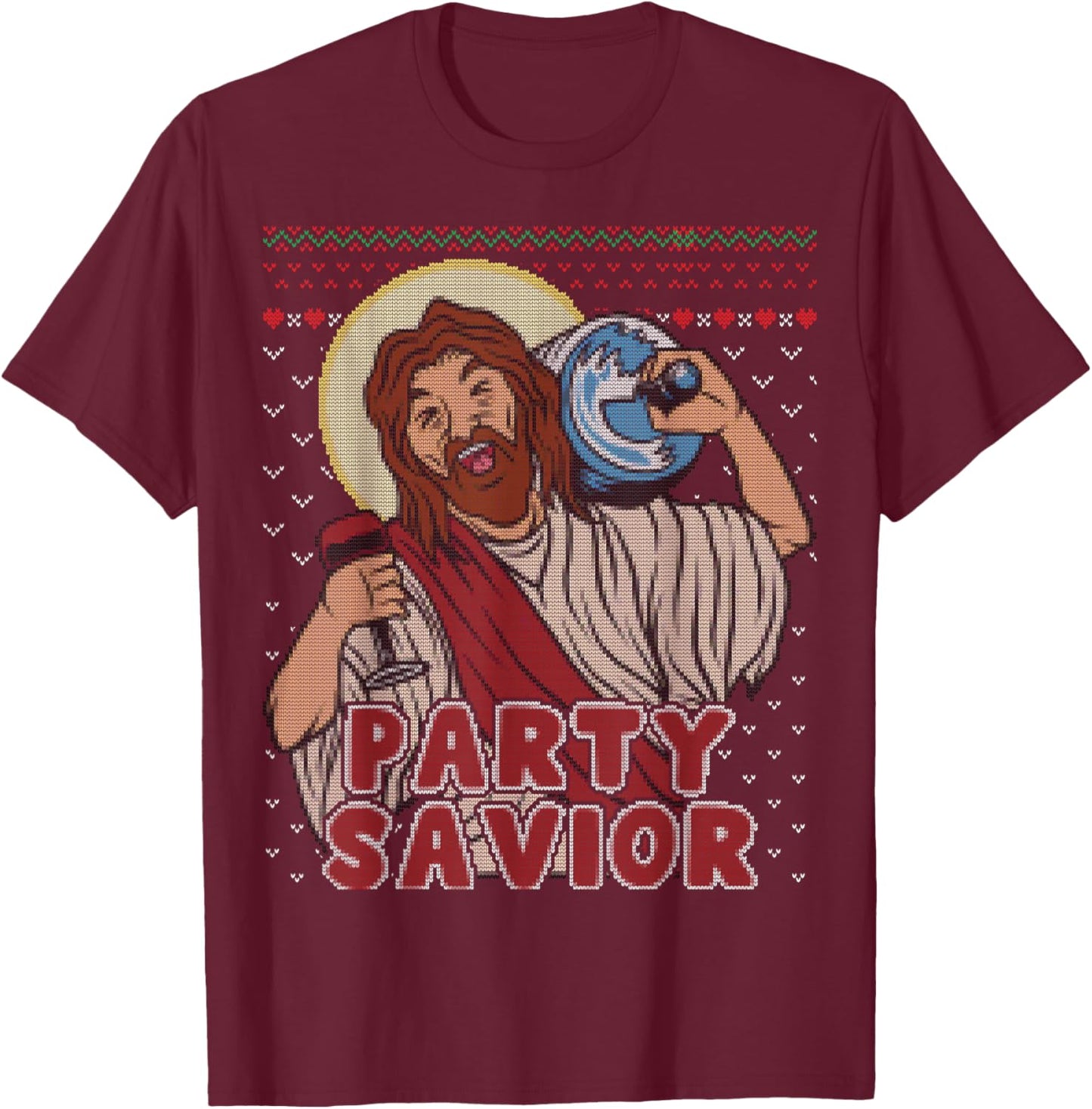 Party Savior Jesus Santa Claus Beer Ugly Christmas Sweater T-Shirt - T-Shirt | Maroon