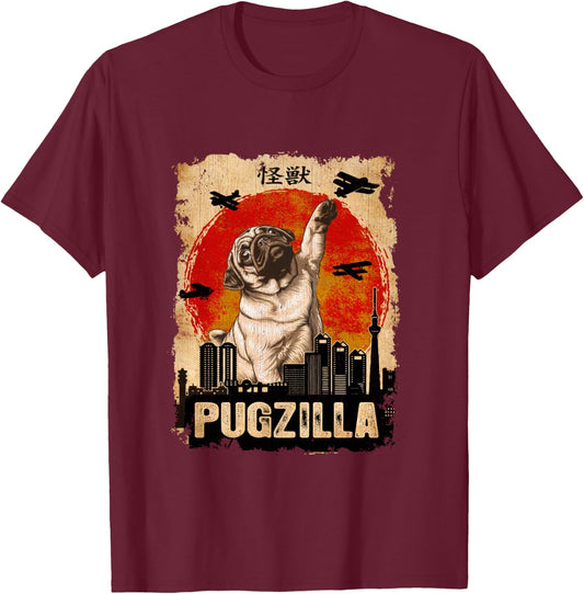 Japanese Kaiju Retro Vintage Funny Pugzilla Pug T-Shirt - T-Shirt | Maroon