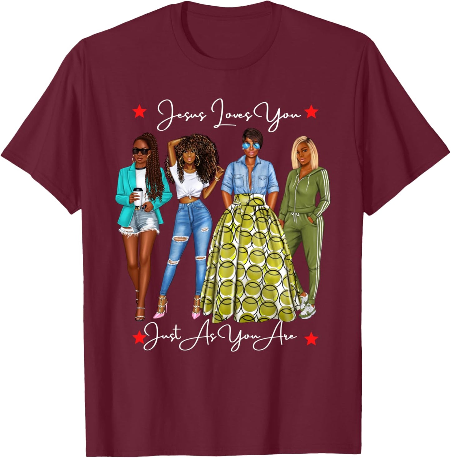 Jesus Loves You Cool African American WOmen Female Black T-Shirt - T-Shirt | Maroon