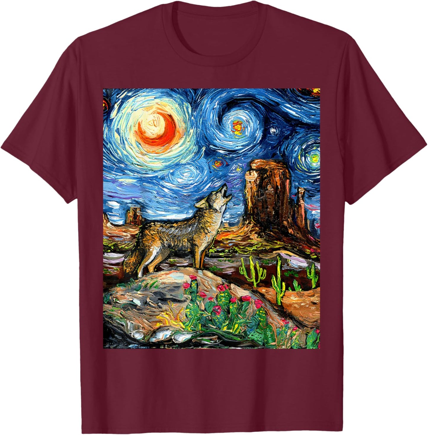Coyote in the Southwestern Desert Starry Night Art by Aja T-Shirt - T-Shirt | Maroon