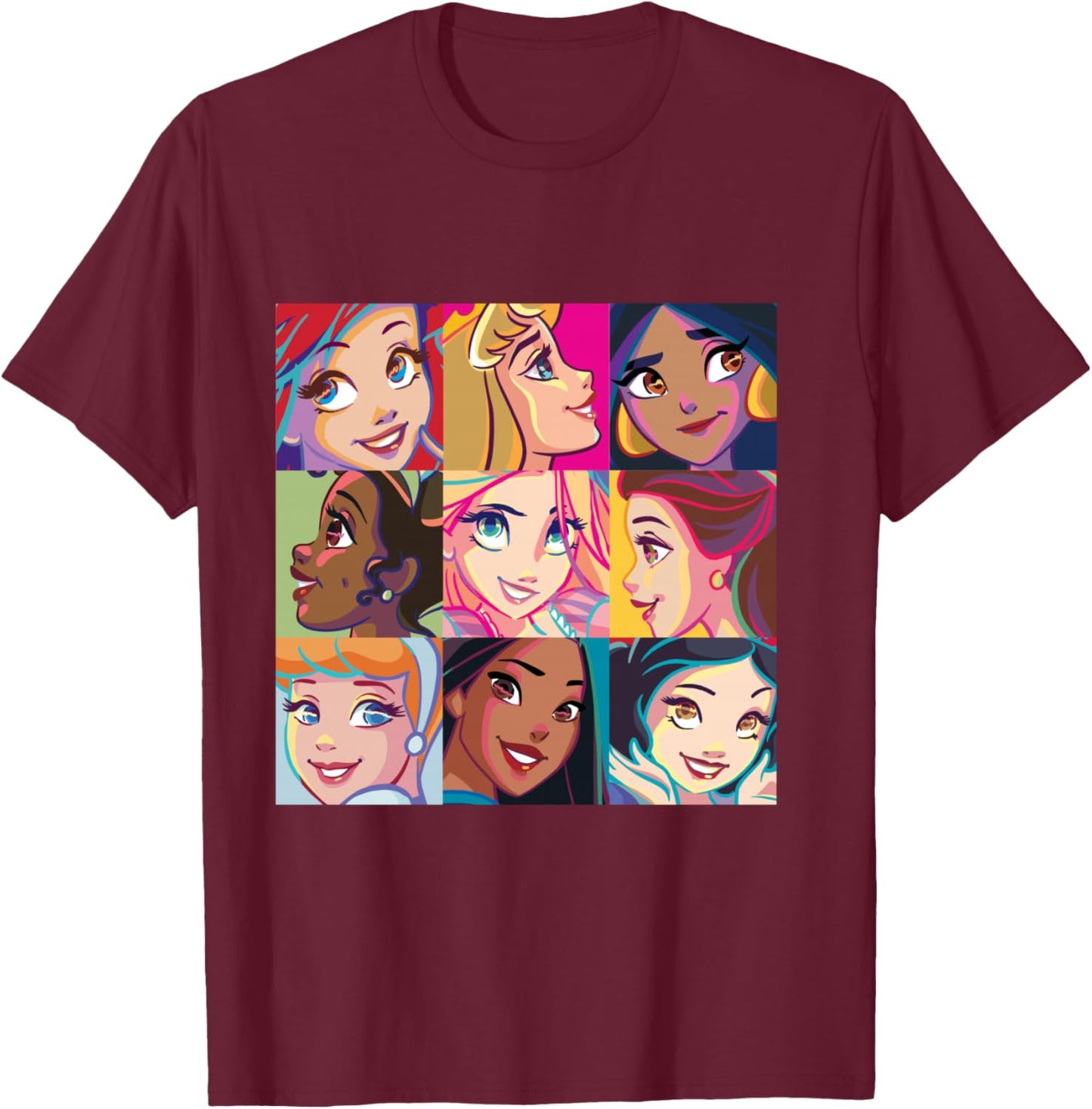Disney Princess Characters Pop Art Grid T-Shirt - T-Shirt | Maroon