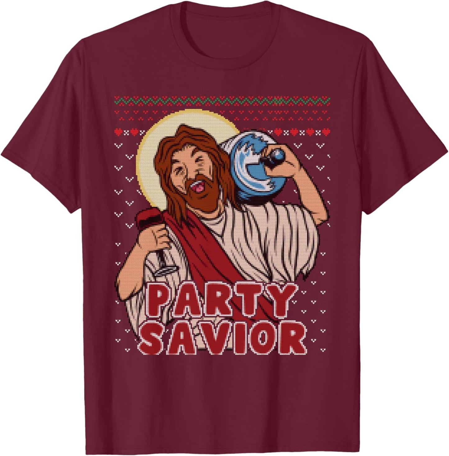Party Savior Jesus Santa Claus Beer Ugly Christmas Sweater T-Shirt - T-Shirt | Maroon
