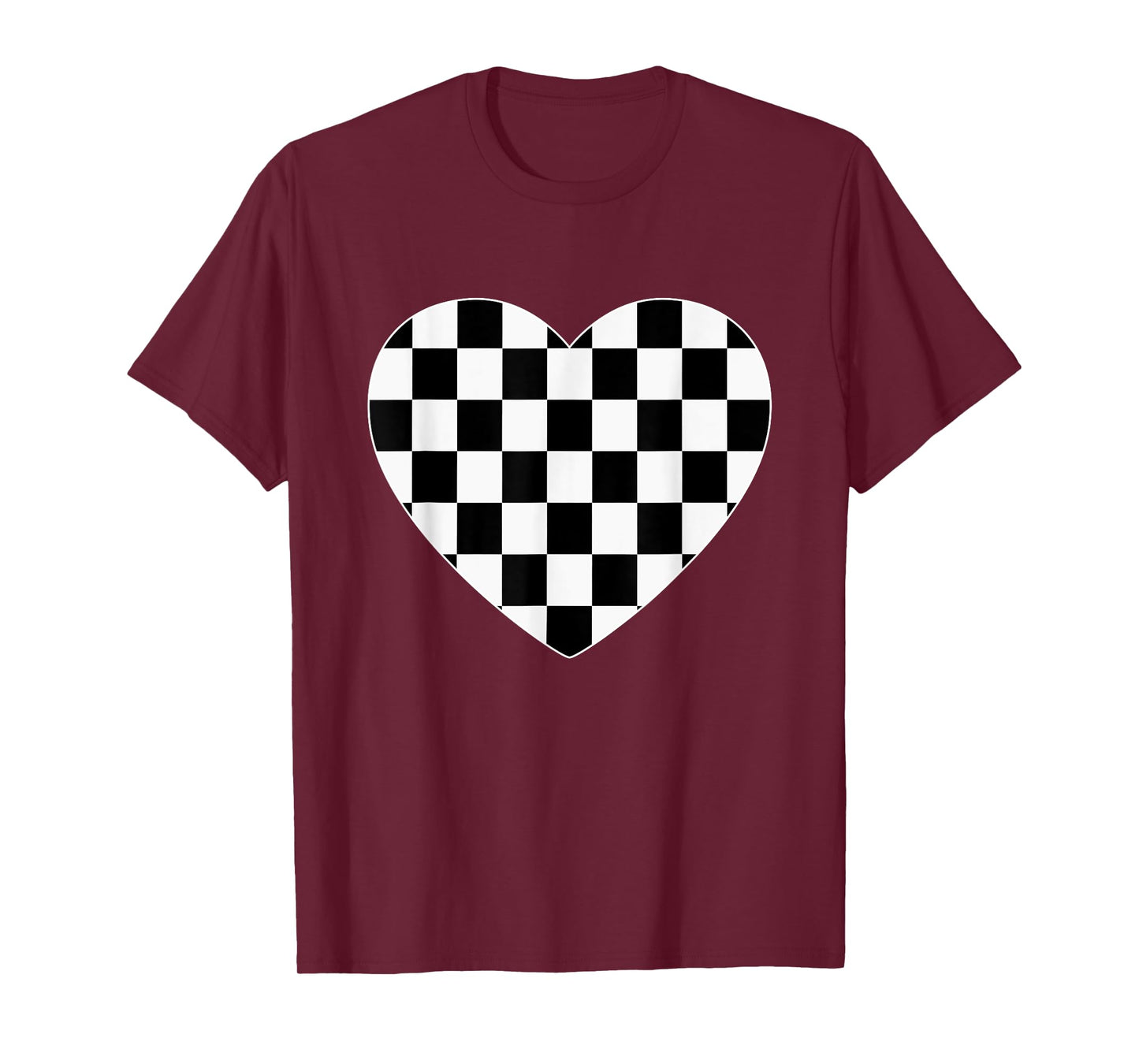 Checkered Love Heart Black White Cute Chess Game Women Men T-Shirt