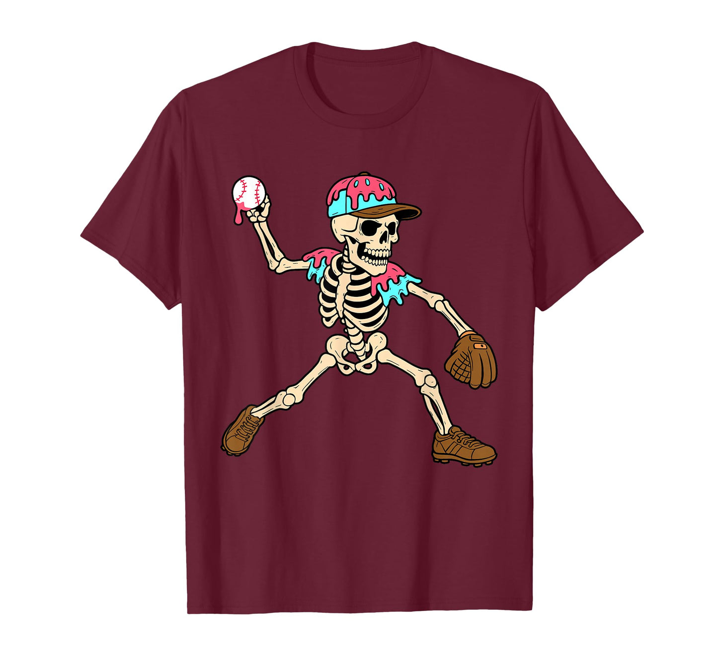 Skeleton Ice Cream Drip Baseball Sport Player Halloween T-Shirt