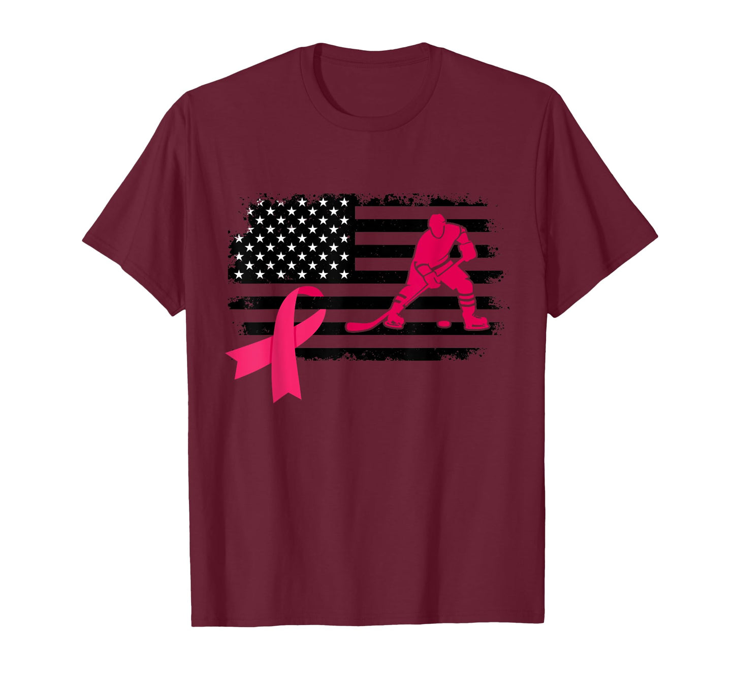Hockey Player Pink Ribbon USA Flag Breast Cancer Awareness T-Shirt