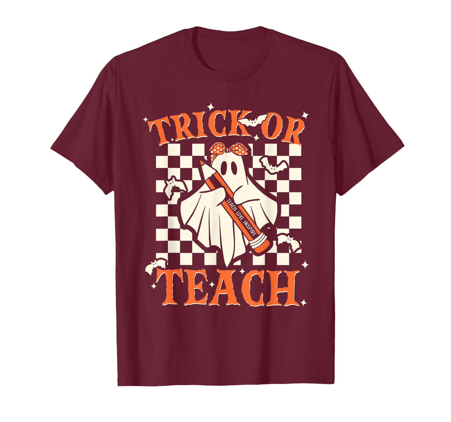 Trick Or Teach Groovy Teacher Halloween Retro Floral Ghost T-Shirt